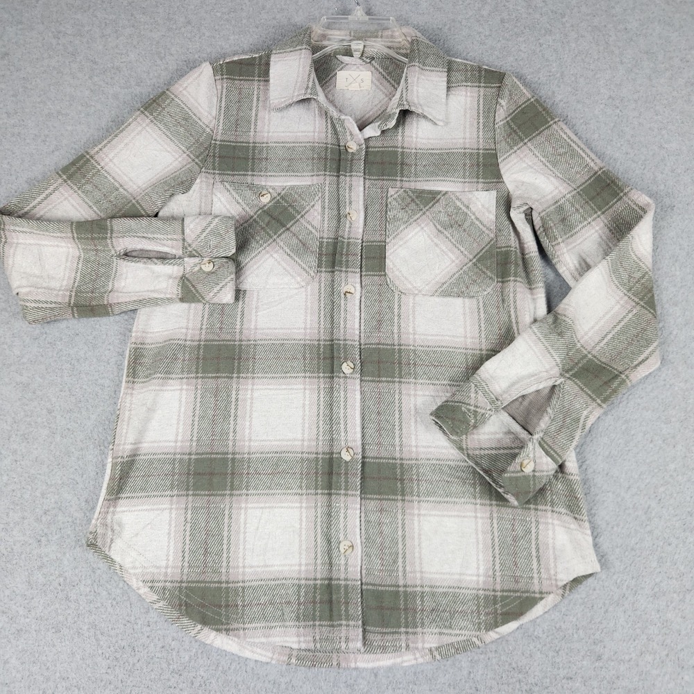 Thread & Supply Shirt Womens XS Green Gray Plaid Stretch Soft Collared Button Up